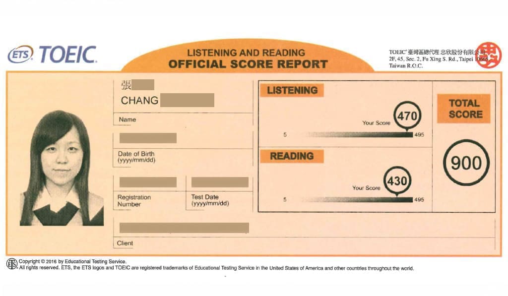 TOEIC多益900分成績單
