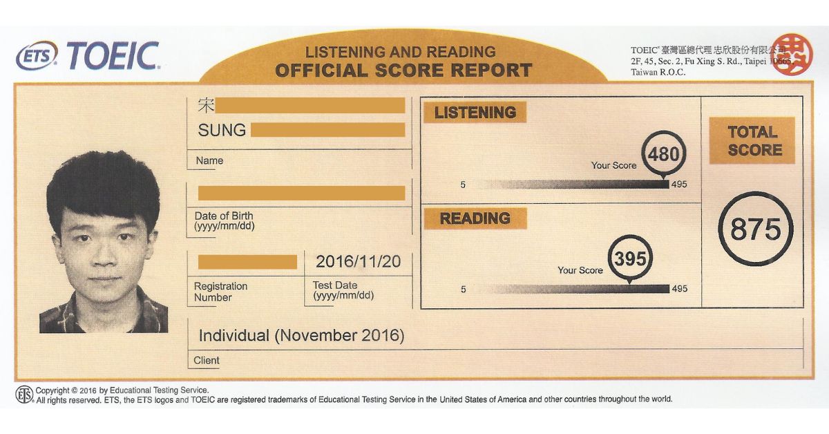 宋同學TOEIC多益875分成績單